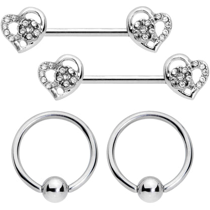 14G 9/16 5/16 Clear Gem Hearts BCR Barbell Nipple Ring Set