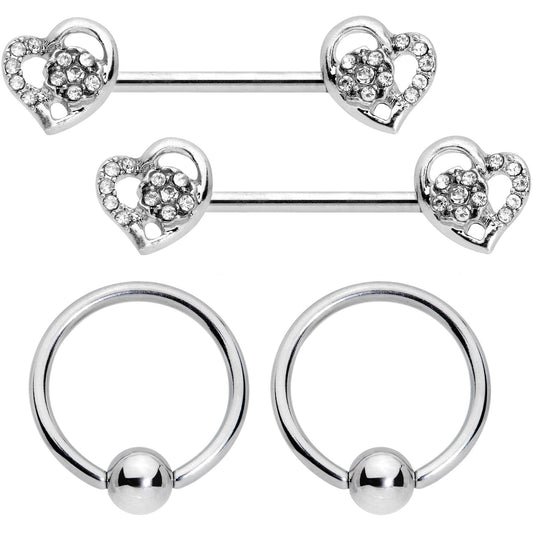 14G 9/16 5/16 Clear Gem Hearts BCR Barbell Nipple Ring Set
