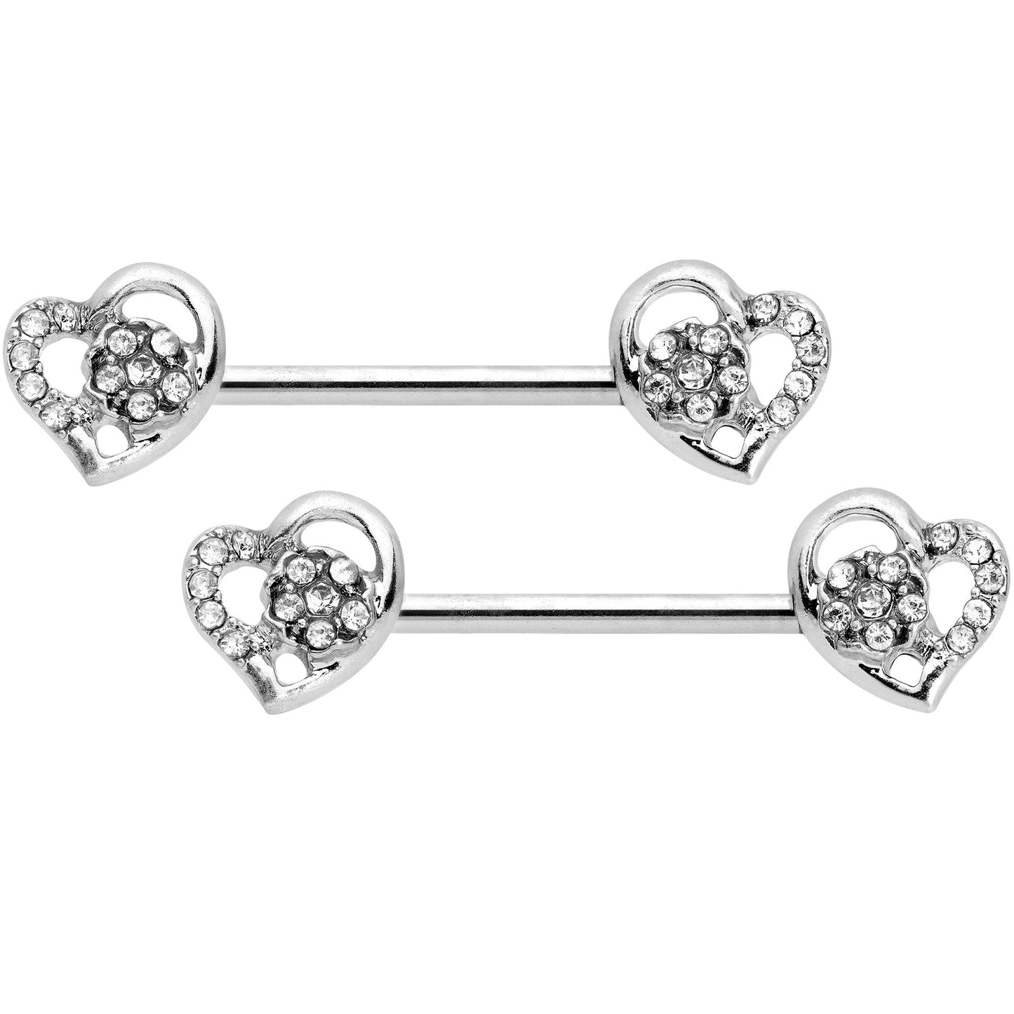 14G 9/16 5/16 Clear Gem Hearts BCR Barbell Nipple Ring Set