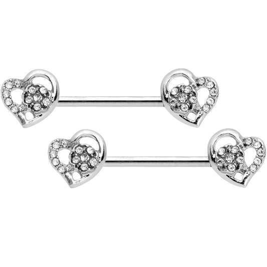 14G 9/16 5/16 Clear Gem Hearts BCR Barbell Nipple Ring Set