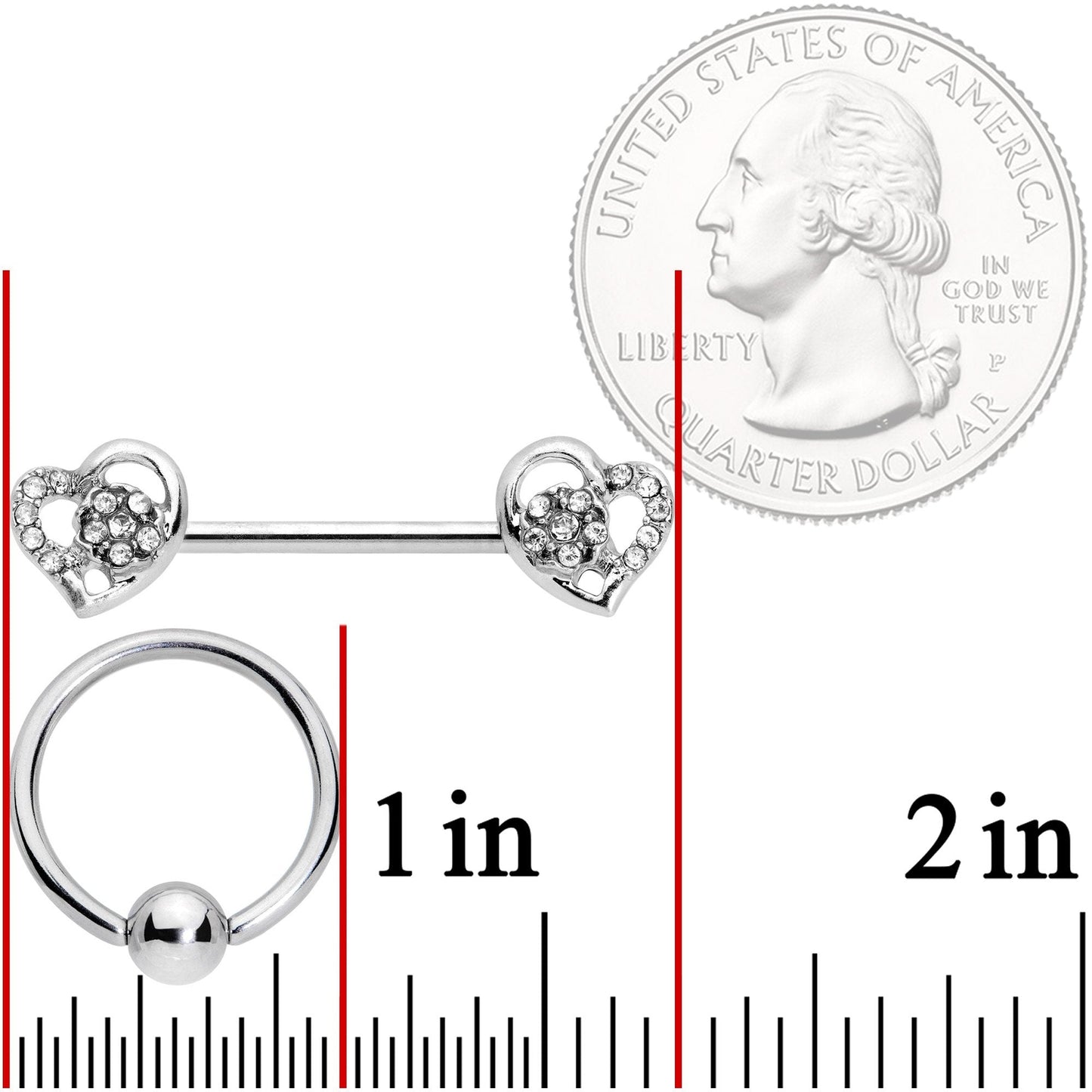 14G 9/16 5/16 Clear Gem Hearts BCR Barbell Nipple Ring Set