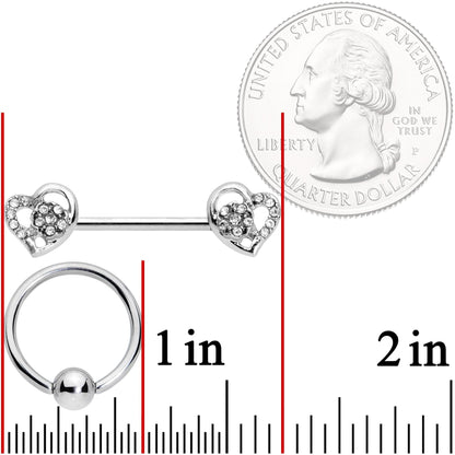 14G 9/16 5/16 Clear Gem Hearts BCR Barbell Nipple Ring Set