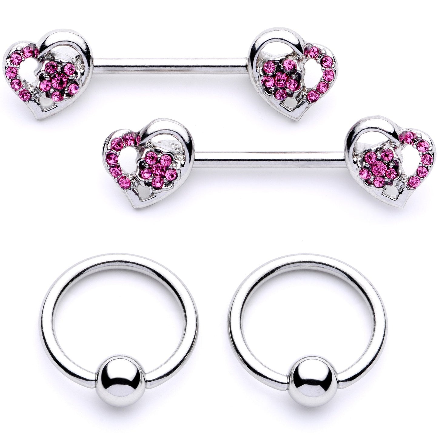14G 9/16 1/2 Pink Gem Floral Hearts BCR Barbell Nipple Ring Set