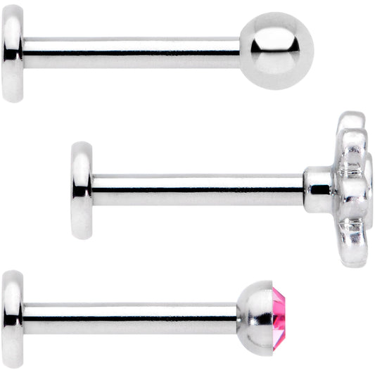 16G Pink Gem Flower Internally Threaded Labret Set of 3