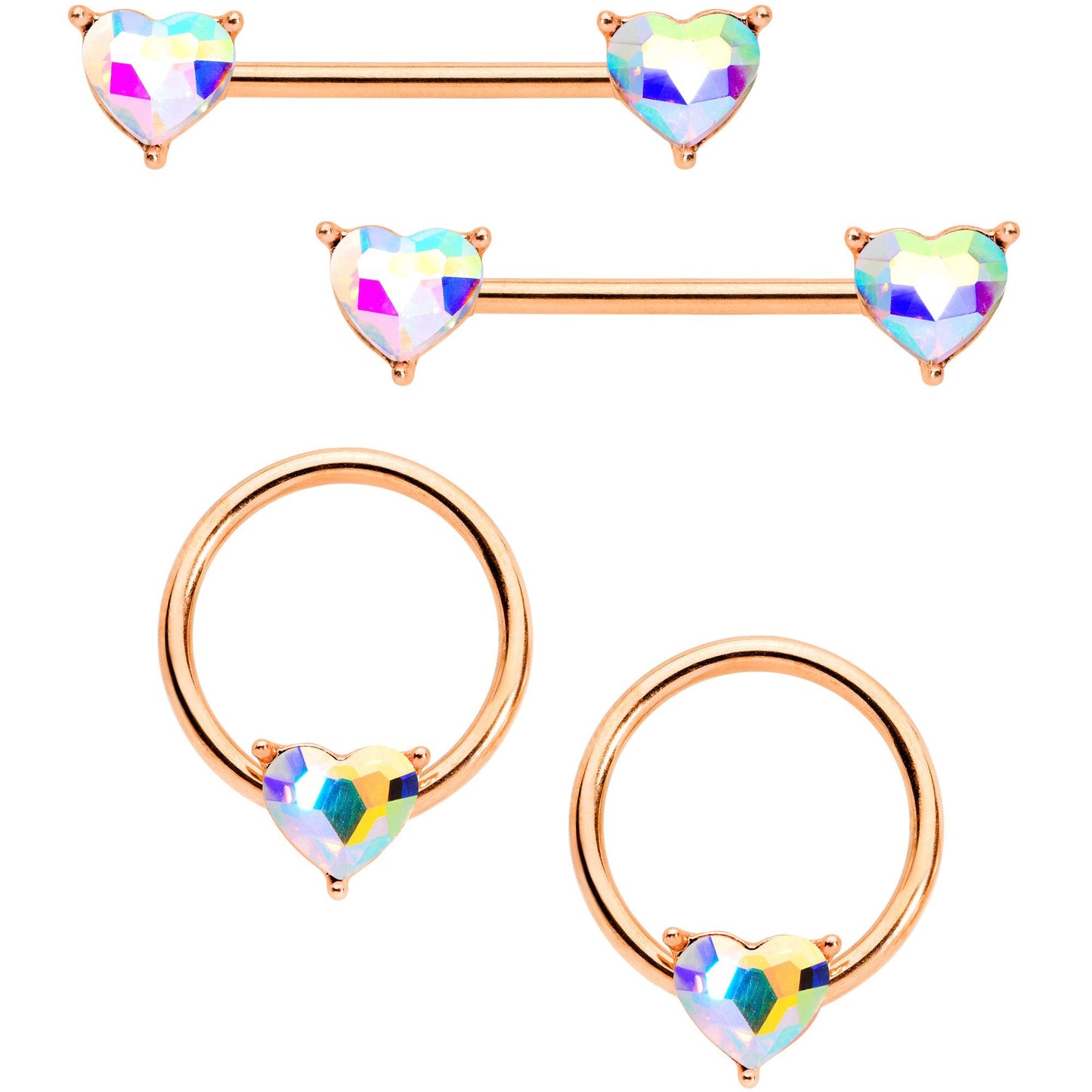 14G Aurora Gem Rose Gold Tone Heart BCR Barbell Nipple Ring Set