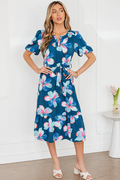 Floral Short Puff Sleeve Ruffle Belted Dress
