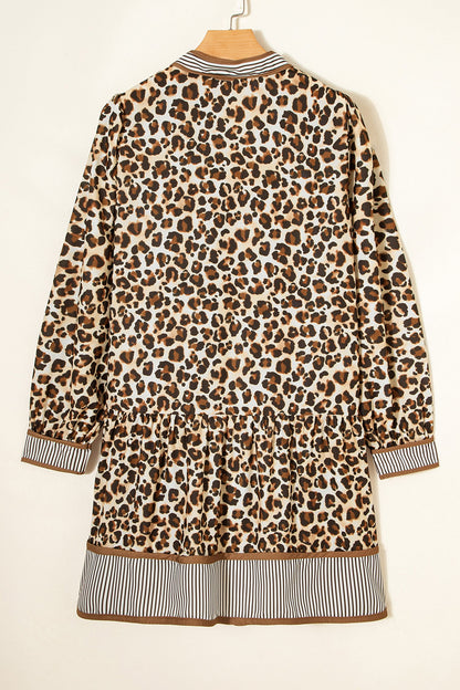 Leopard Stripe Trim V-Neck Mini Dress