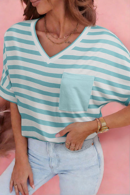Stripe V-Neck Pocket Casual T-Shirt