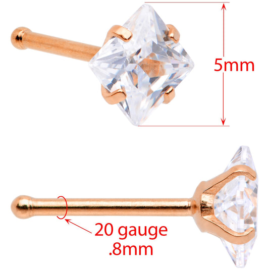 20G 1/4 Clear Square Gem Rose Gold Tone Nose Bone Set of 6