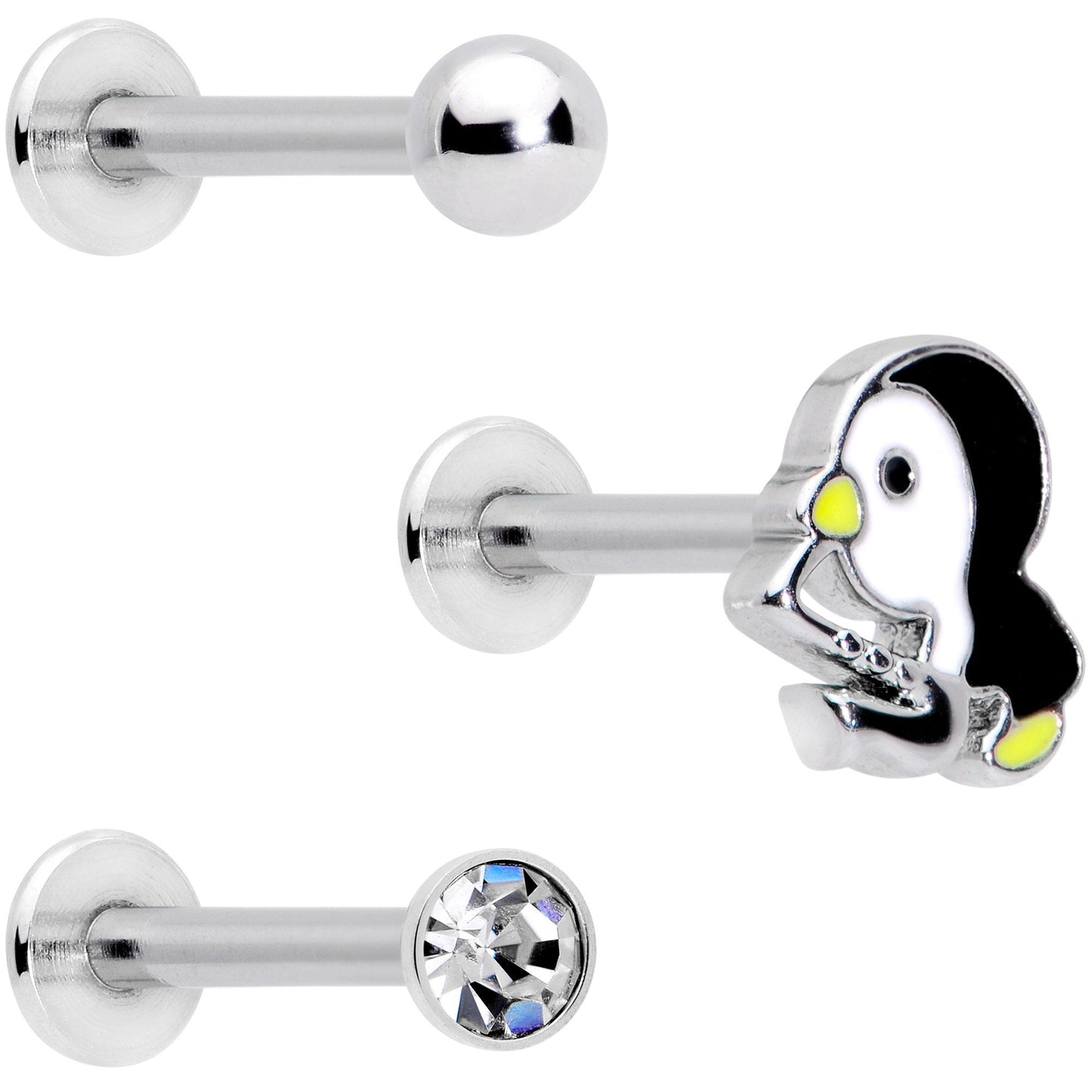 16G 5/16 Clear Gem Winter Penguin Labret Monroe Tragus Set of 3