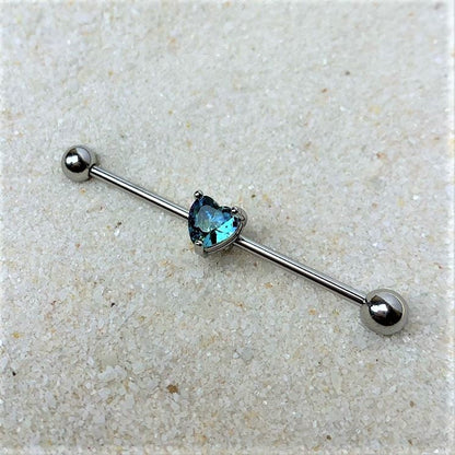 14G Blue Green Gem Faceted Heart Industrial Barbell 38mm