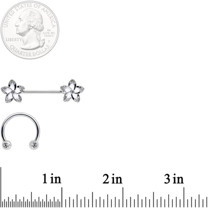 14G Clear Gem White Flower Horseshoe Barbell Nipple Ring Set of 4
