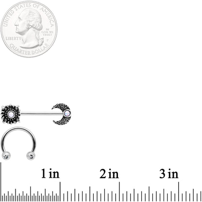 14G 9/16 Clear Gem Sun Moon Horseshoe Barbell Nipple Ring Set