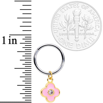 16G 3/8 Clear CZ Pink Flower Dangle Hinged Segment Ring