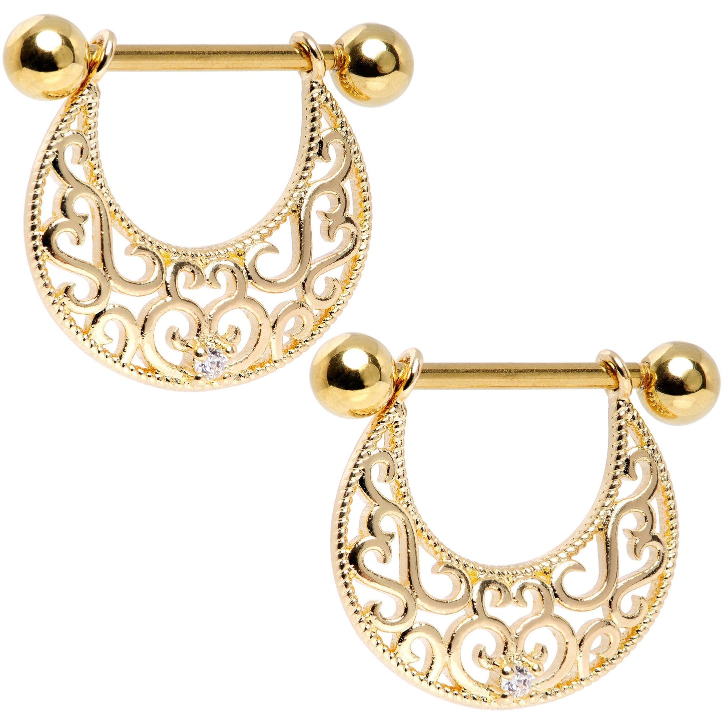 14G 9/16 Clear CZ Gem Gold Tone Abstract Heart Nipple Shield Set