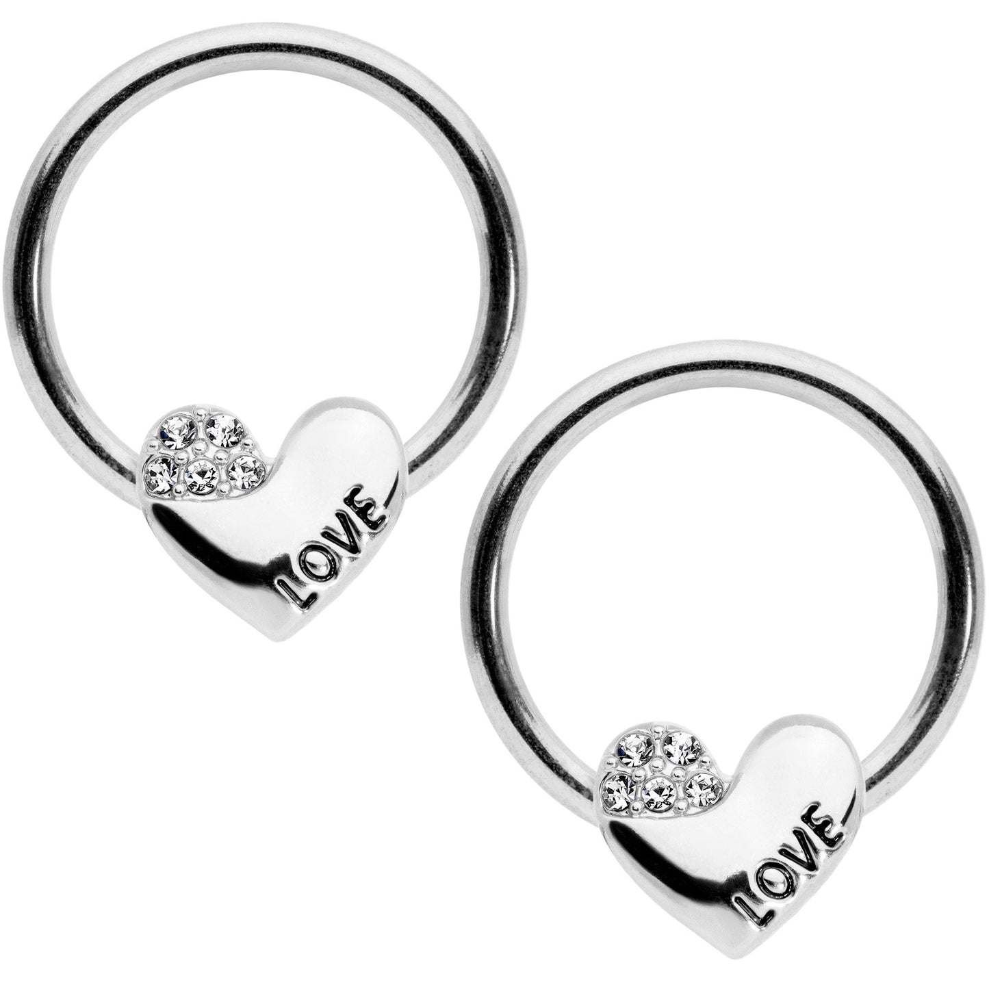 14G 1/2 Clear Gem Love Heart BCR Captive Nipple Ring Set