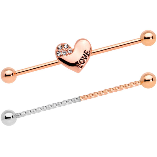 14G Clear Gem Rose Gold Tone Love Heart Industrial Barbell 38mm