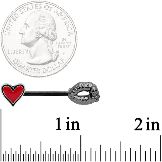 14G 9/16 Red Heart Black Kiss of Death Barbell Nipple Ring Set