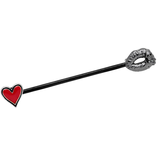 14G Red Heart Black Kiss of Death Industrial Barbell 38mm