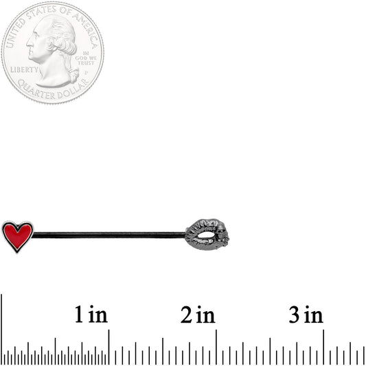 14G Red Heart Black Kiss of Death Industrial Barbell 38mm
