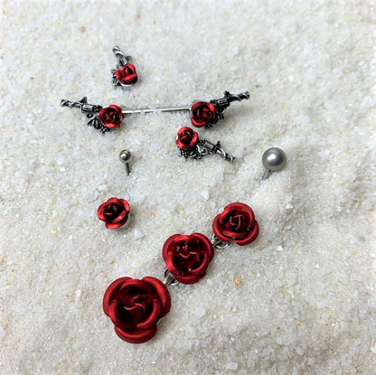 Clear Gem Red Rose Flower and Gun Dangle Belly Ring