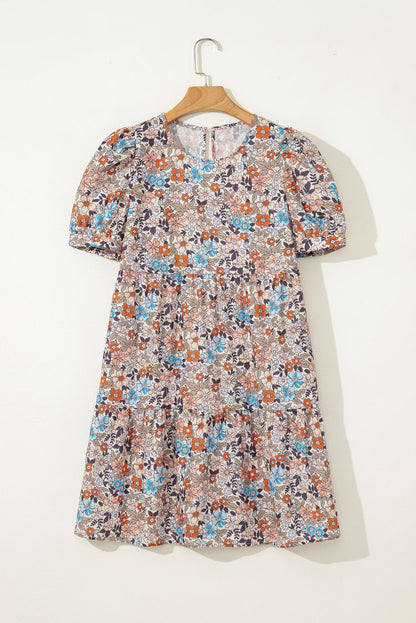 Floral Bohemian Short Puff Sleeve Mini Dress