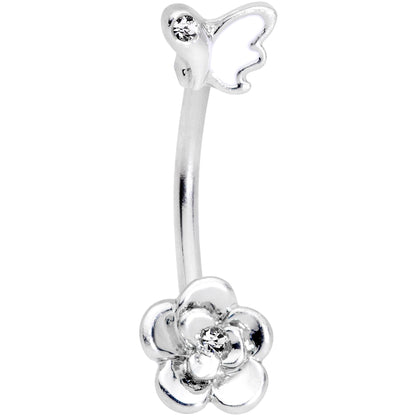 16G 3/8 Clear Gem White Butterfly Flower Curved Eyebrow Ring