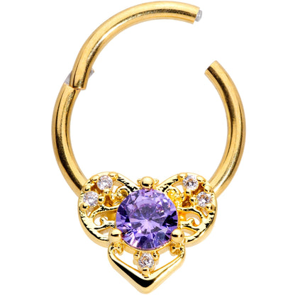 16G 3/8 Purple CZ Gold Tone Abstract Heart Hinged Segment Ring