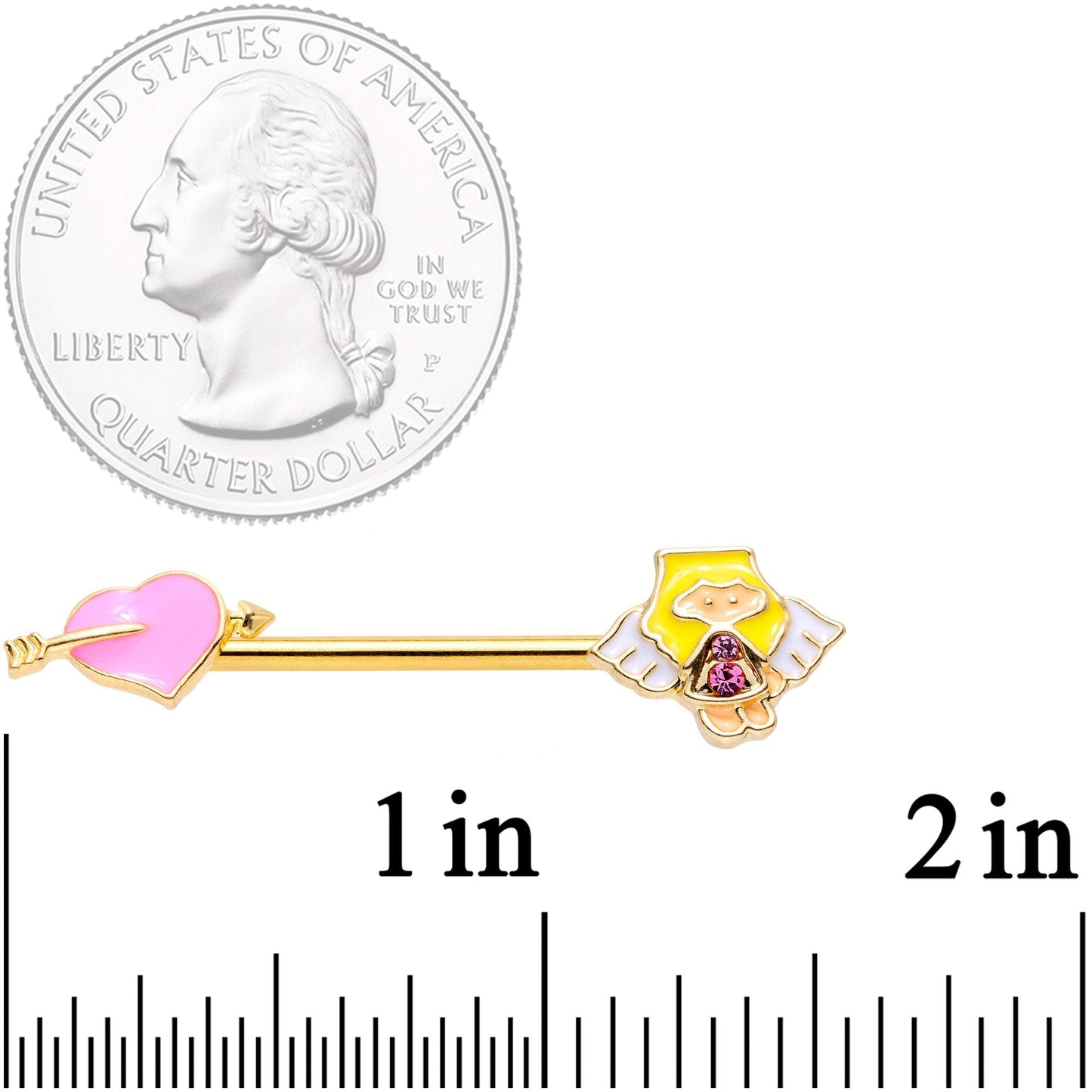 14G 9/16 Pink Gem Heart Cupid Gold Tone Barbell Nipple Ring Set