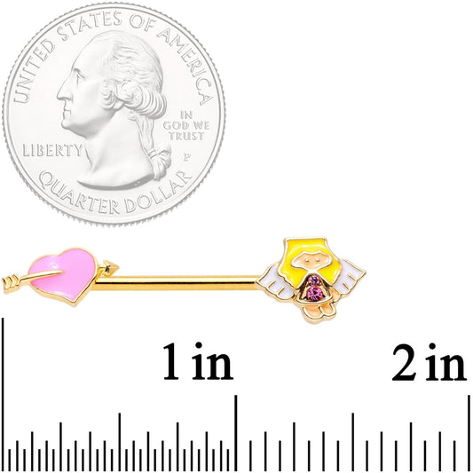 14G 9/16 Pink Gem Heart Cupid Gold Tone Barbell Nipple Ring Set