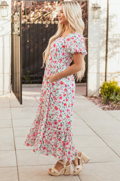 Floral Puff Sleeve Empire Waist Tiered Dress