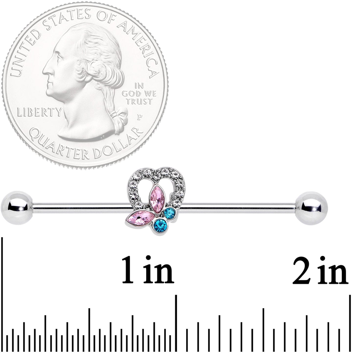 14G Pink Blue Butterfly Heart Industrial Barbell 38mm
