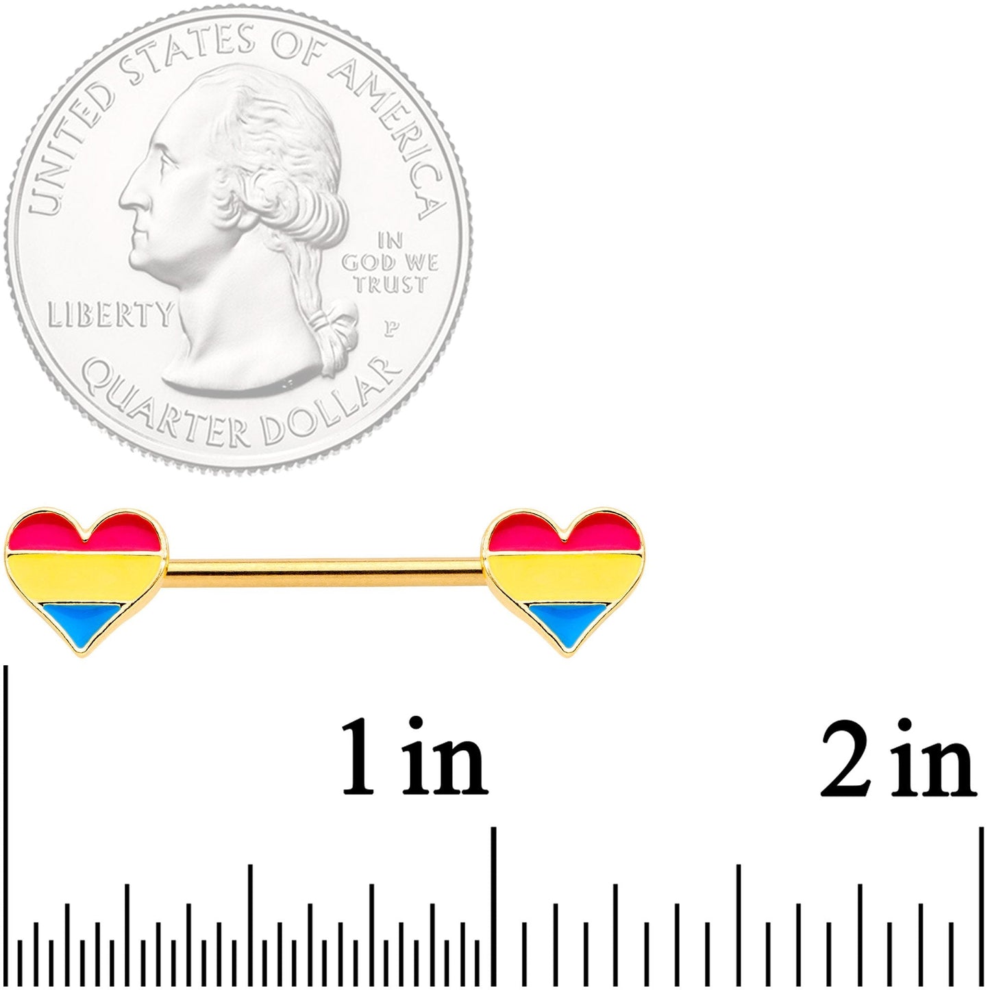 14G Pansexual Pride Gold Tone Heart Barbell Nipple Ring Set