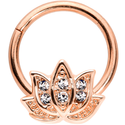 16G 3/8 Clear Gem Rose Gold Tone Lotus Flower Hinged Segment Ring
