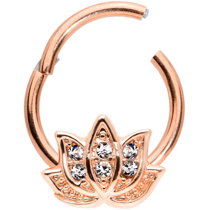 16G 3/8 Clear Gem Rose Gold Tone Lotus Flower Hinged Segment Ring