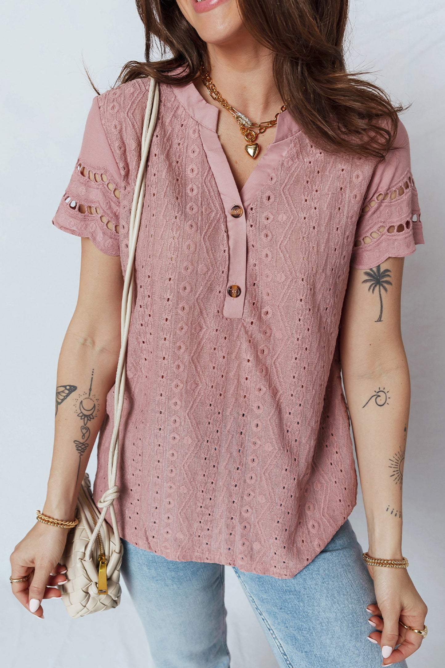 Textured Half-Button Short Sleeve Blouse