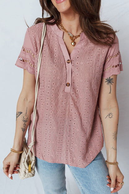 Textured Half-Button Short Sleeve Blouse