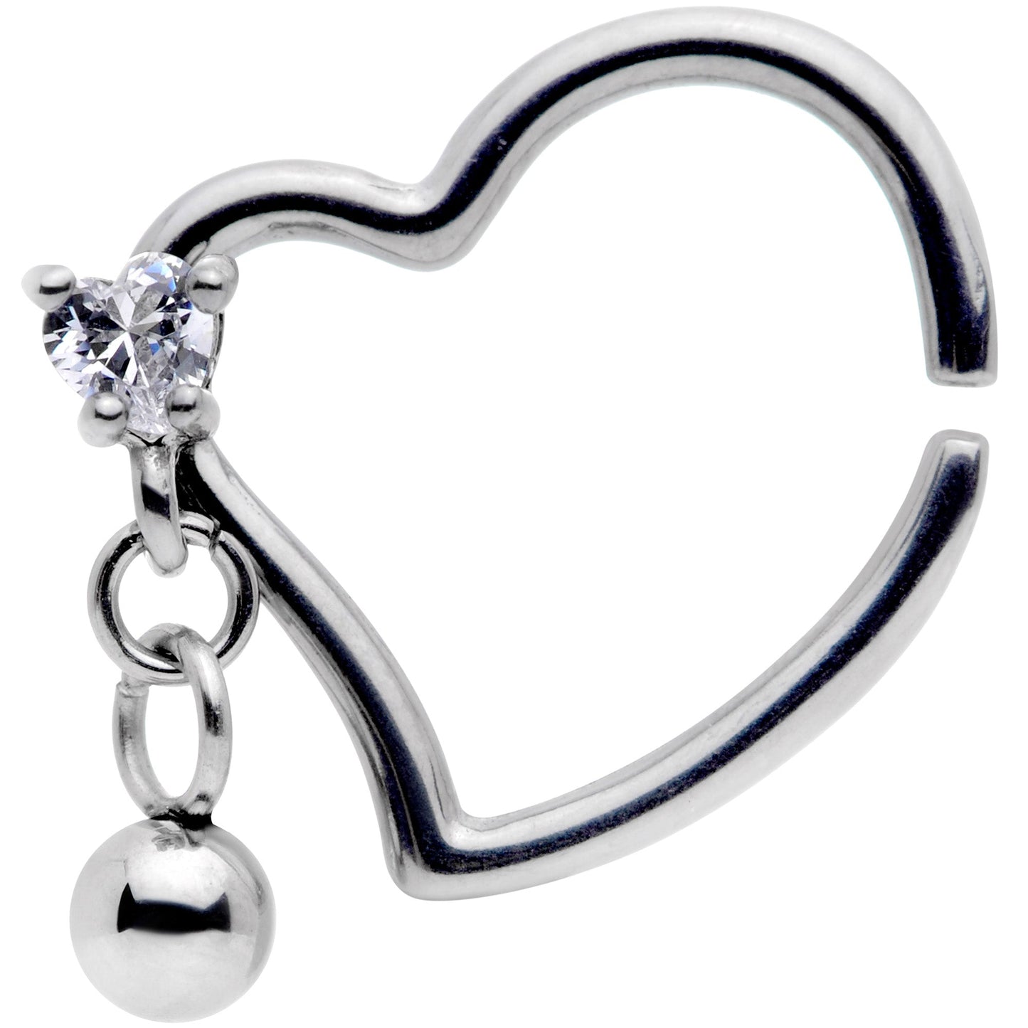 16G 3/8 Clear CZ Gem Funky Heart Right Dangle Closure Ring