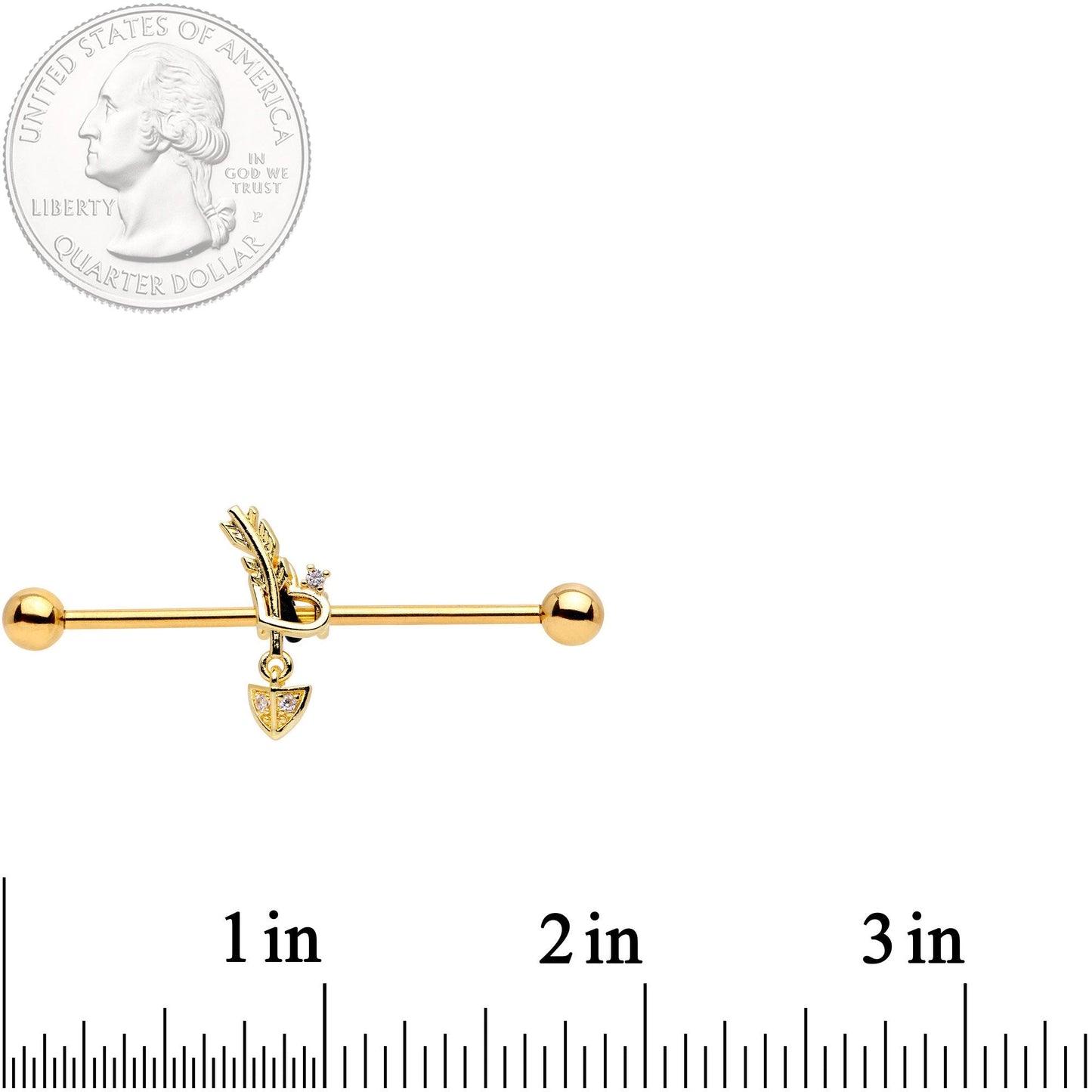 14G Clear CZ Gem Gold Tone Open Heart Arrow Industrial Barbell