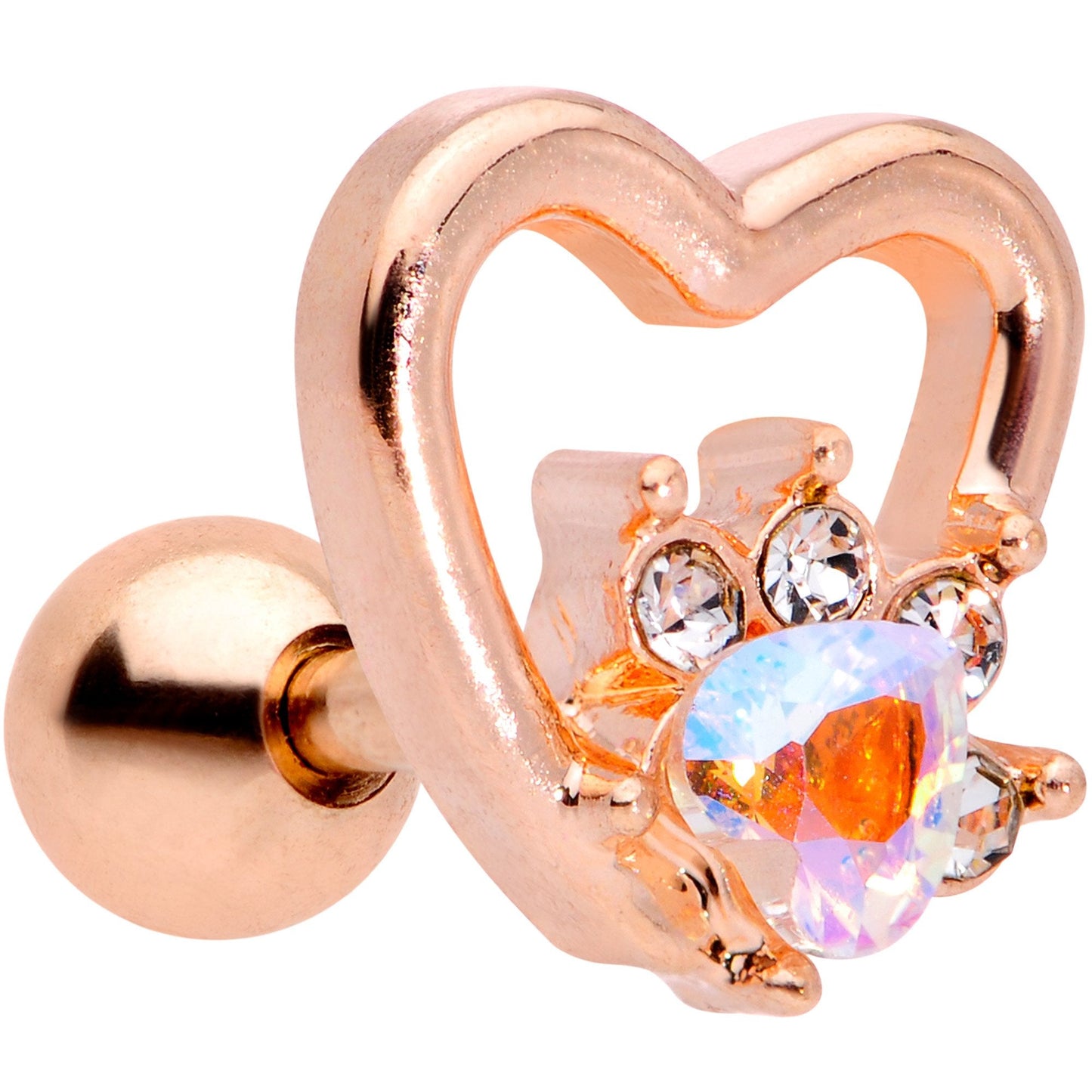 16G 1/4 Aurora Gem Rose Gold Tone Hollow Heart Cartilage Tragus