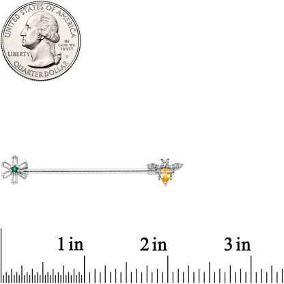 14G Clear Yellow CZ Gem Bumble Bee Flower Industrial Barbell 38mm