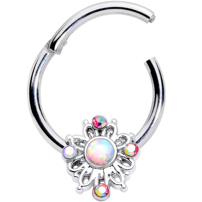 16G 3/8 White Synthetic Opal Aurora Gem Crest Hinged Segment Ring