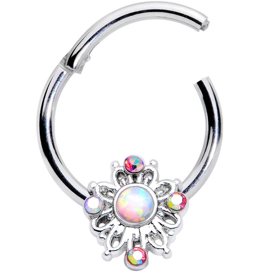 16G 3/8 White Synthetic Opal Aurora Gem Crest Hinged Segment Ring