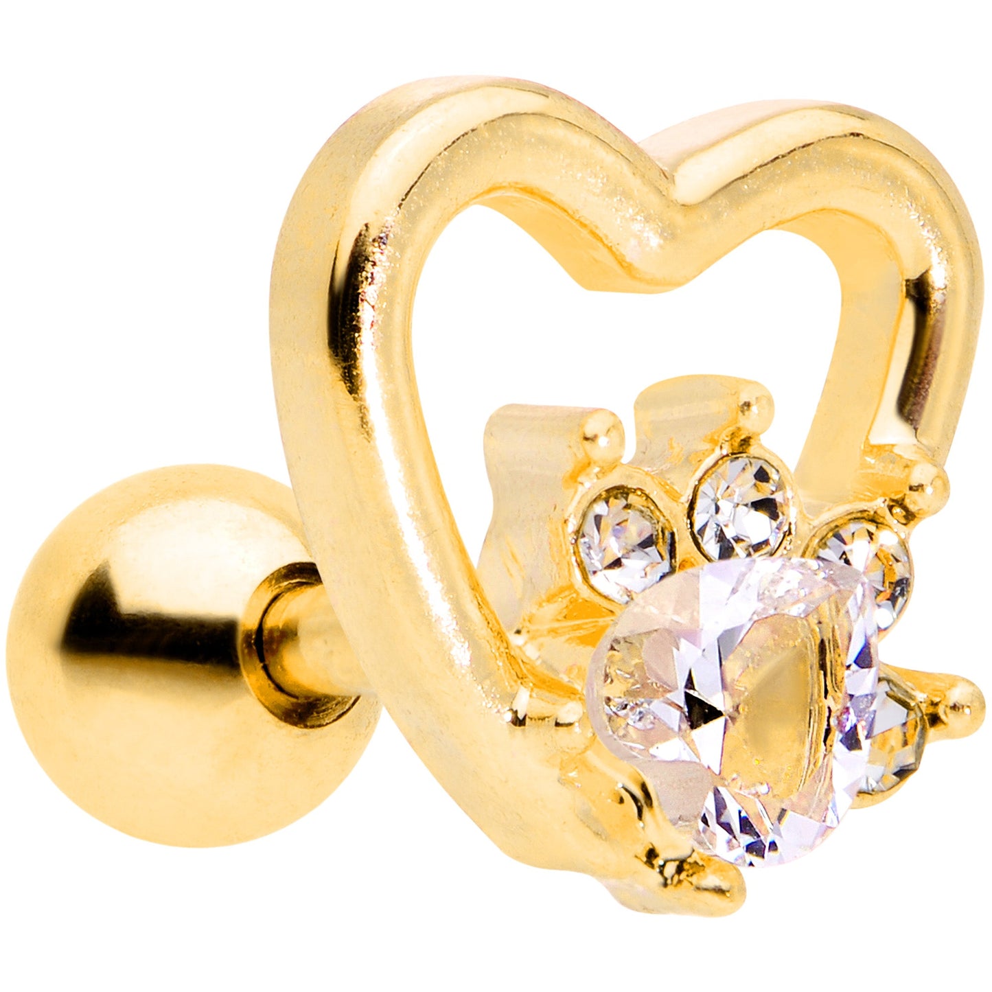 16G 1/4 Clear Gem Gold Tone Hollow Heart Cartilage Tragus