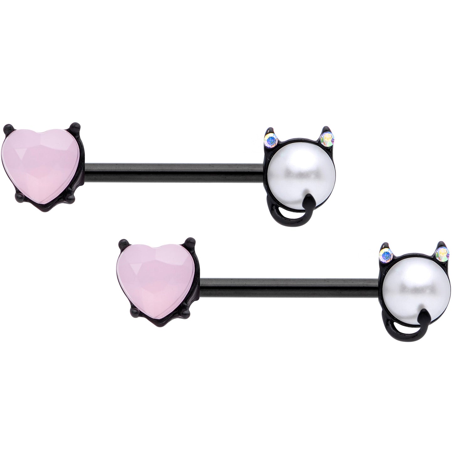 14G 9/16 Pink Gem Black Devil Heart Love Barbell Nipple Ring Set