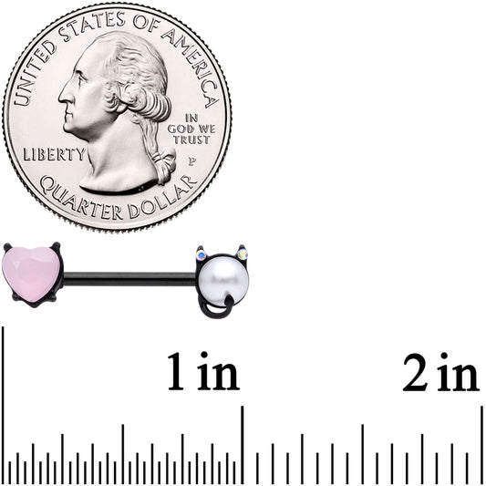 14G 9/16 Pink Gem Black Devil Heart Love Barbell Nipple Ring Set