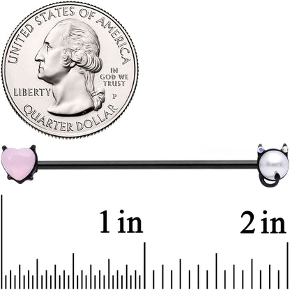 14G Pink Gem Black Devil Heart Love Industrial Barbell 38mm