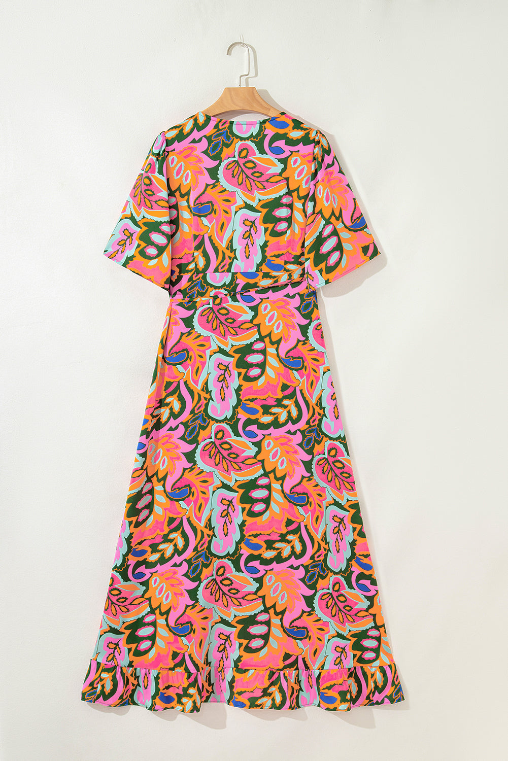 Tropical V-Neck Ruffle Asymmetric Slit Maxi Dress