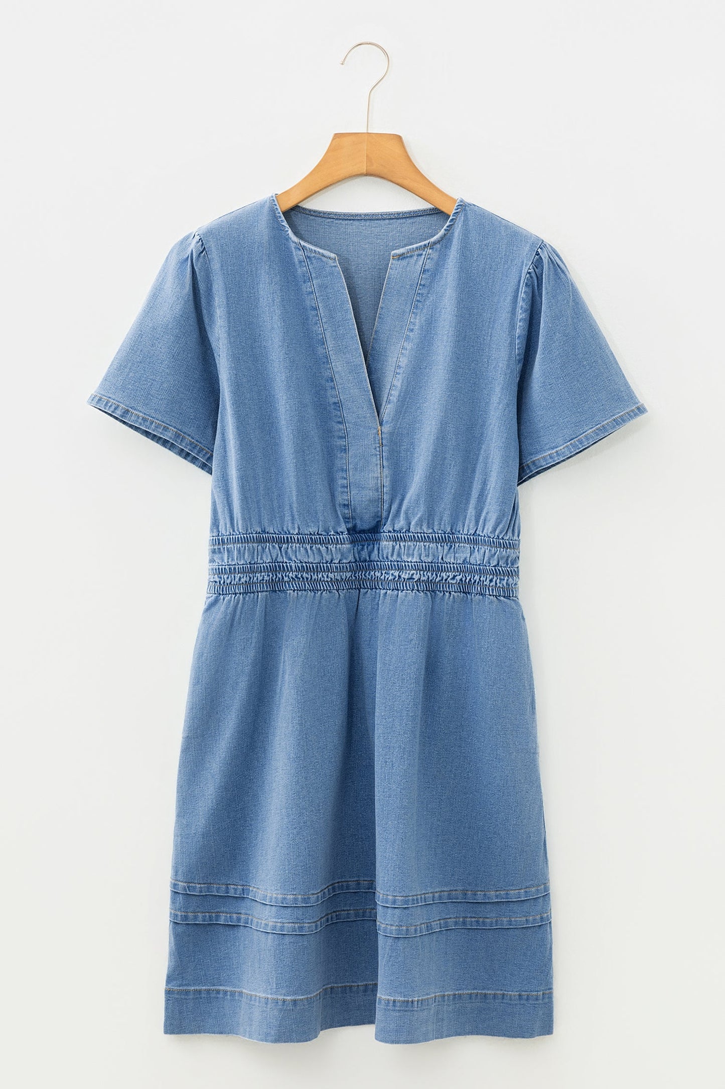 Elastic Waist Short Sleeve Denim Mini Dress