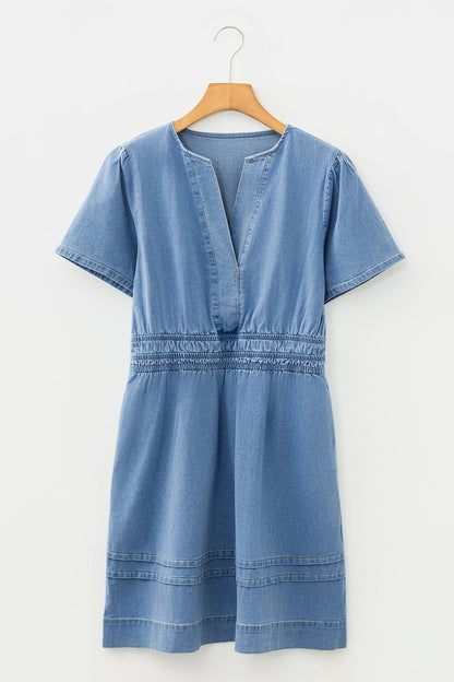 Elastic Waist Short Sleeve Denim Mini Dress